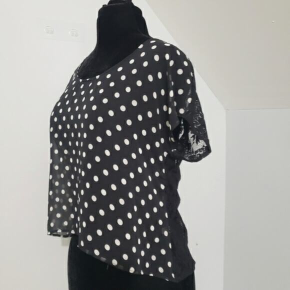 Black Lace and Polka Dot Semi Sheer Dolman Sleeve Crop Top by Soprano Small - Picture 4 of 9